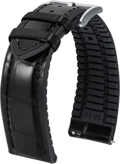 BINLUN Leather Watch Band, Quick Release Leather Watch Band, Alligator Pattern Watch Band, Inner Silicone, Breathable, Replacement Strap, Unisex, 21mm (Black/Silver Buckle)