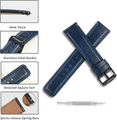 Wristitani Watch Strap, Genuine Leather Watch Band, 0.7 inch (18 mm), 0.8 inch (20 mm), 0.9 inch (22 mm), Replacement Strap, Men's, Women's, Watch Strap with Tools, Dark Blue + Black Buckle, 0.7 inch (18 mm)