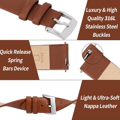 Genuine Leather Watch Band, Watch Strap 12mm, 14mm, 16mm, 18mm, 20mm, 22mm, Elegant Ultra Soft Calf Leather Watch Replacement Band for Watches and Smart Watches, Quick Release Replacement Strap No Tools Required for Women, Men