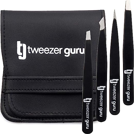 TweezerGuru Tweezers, Eyebrow Remover, Precision, Stainless Steel, Nose Hair, Beard, Blackheads, Corner Plugs, Exfoliating Tips, Exfoliating Tips, Ultra Fine Tip, Pack of 4