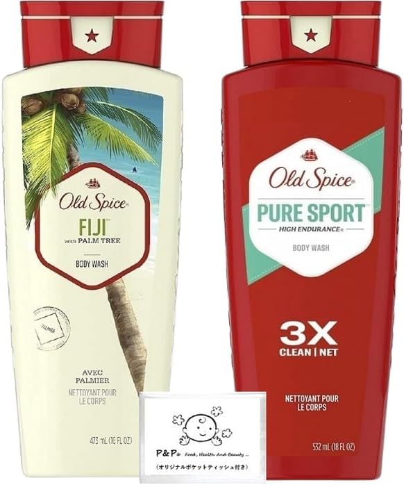 Old Spice Body Wash, Fiji, 16.6 fl oz (473 ml), Pure Sports, 28.9 fl oz (532 ml), Body Soap, Genuine Imported Product, Bonus Included