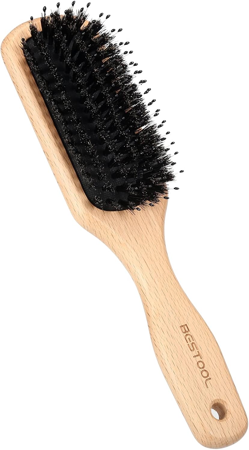 BESTOOL Hair Brush, Pig Bristle, Comb, Wooden Comb, Paddle Brush, Men's, Women's, Children's Hair Care, High Quality Comb, Scalp Massage, Smooth, Glossy Hair, Tangle-Free, Improve Hair Quality