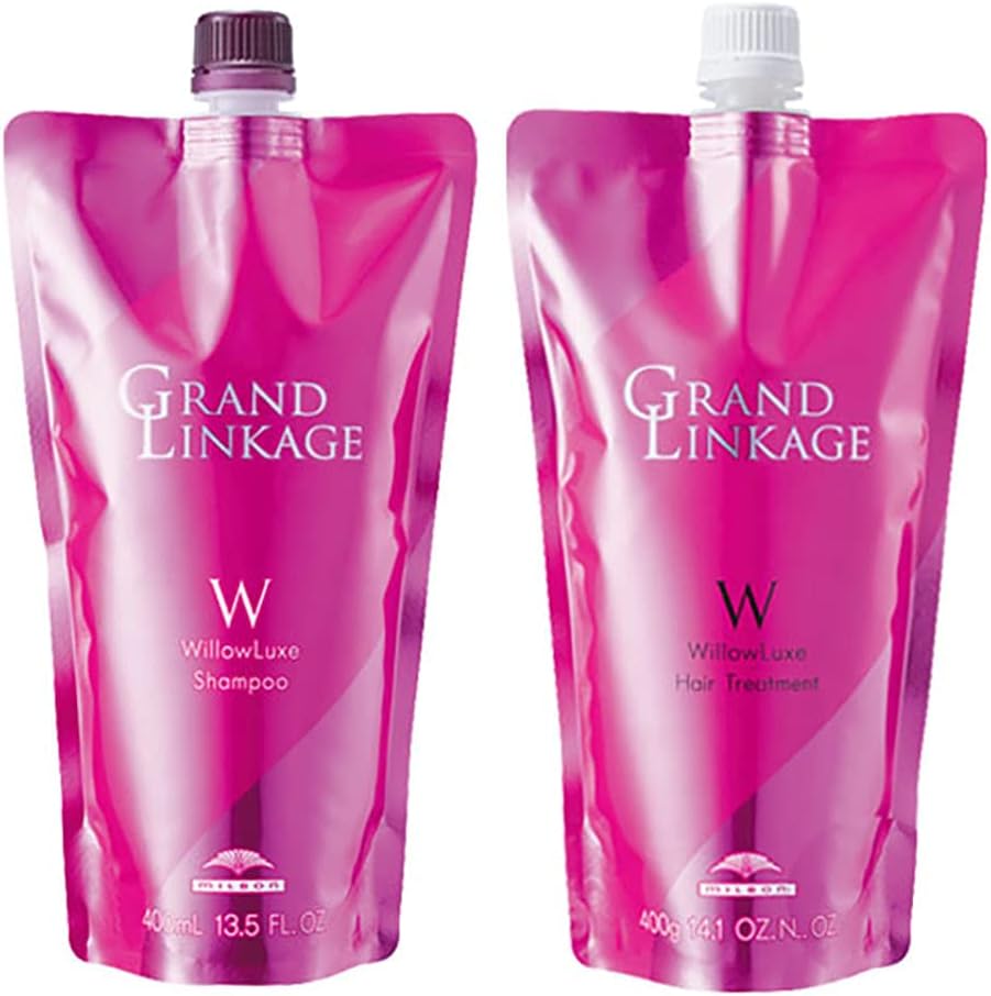 Milbon Grand Linkage Willow Luxe Shampoo, 13.5 fl oz (400 ml) + Treatment, 14.1 oz (400 g), Refill Set, Hair Shape Care