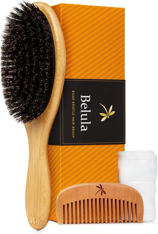 100% Boar Hair Brush Set - Soft natural bristles specifically for thin and thin hair - Restores shine and texture - Includes a wooden comb, travel bag and spa headband!