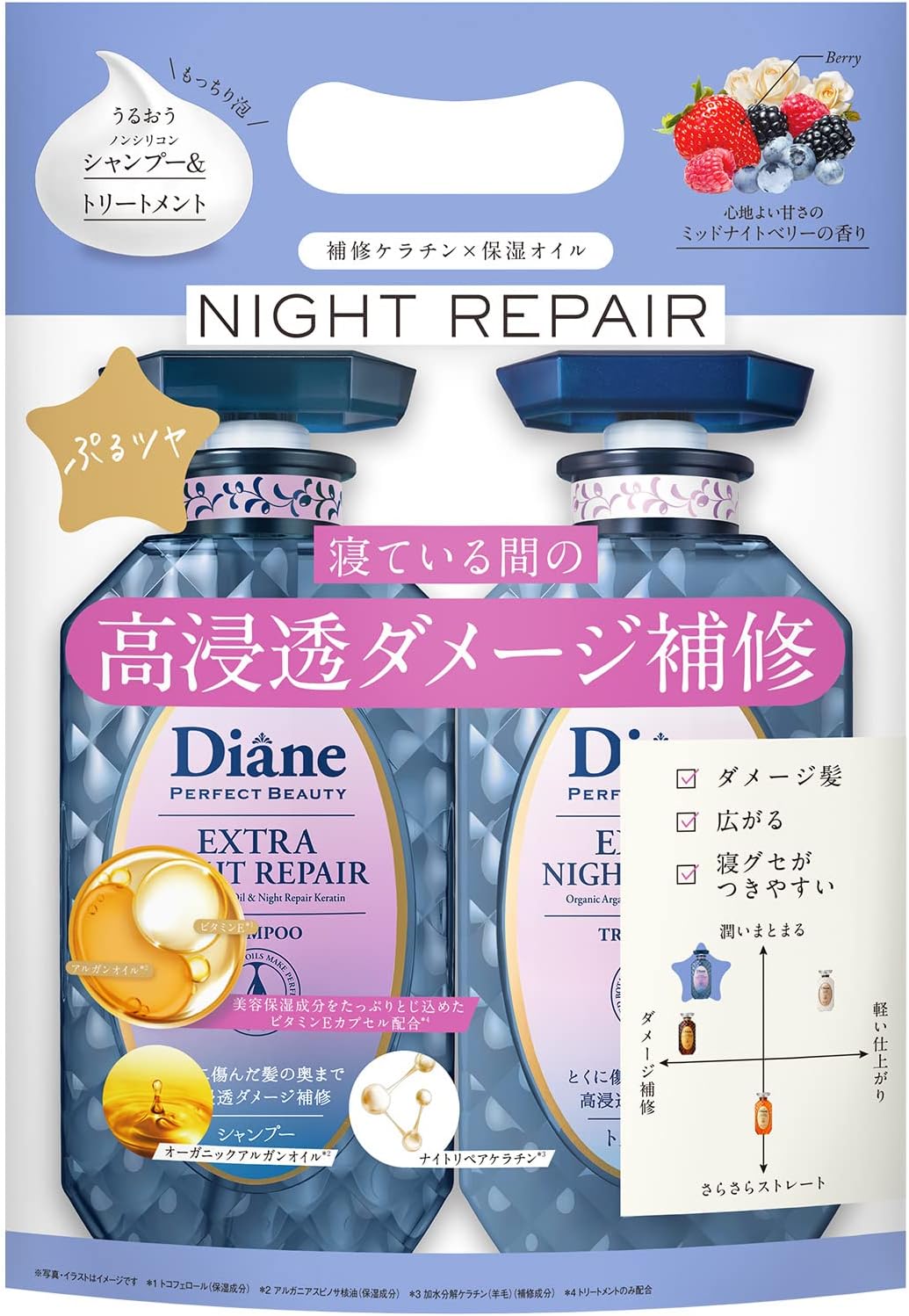 [Japanese Shampoo and Conditioner] Diane 2022 Shampoo   Treatment Deep Repair at Night Midnight Berry Scent Perfect Beauty Extra Night Repair Set 450ml x 2