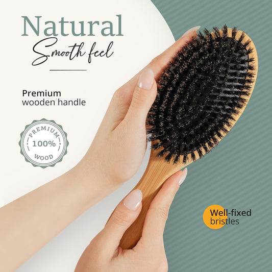 100% Boar Hair Brush Set - Soft natural bristles specifically for thin and thin hair - Restores shine and texture - Includes a wooden comb, travel bag and spa headband!