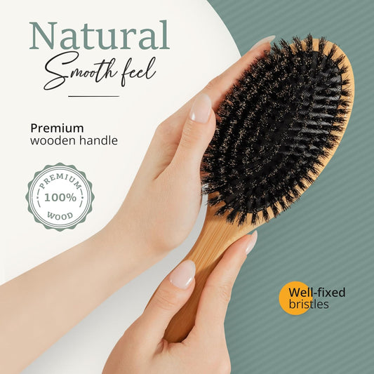 100% Boar Hair Brush Set - Soft natural bristles specifically for thin and thin hair - Restores shine and texture - Includes a wooden comb, travel bag and spa headband!