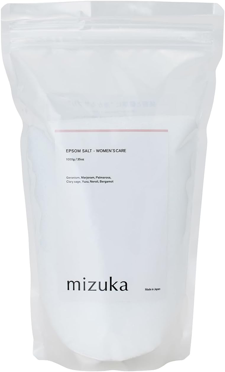 Mizuka Epsom Salt (Woman's Care) 2.2 lbs (1 kg) Magnesium Sulfate Bath Salt, Geranium, Marjoram, Palmarosa, Clary Sage, Yuzu, Neroli, Bergamot, Essential Oil Scent