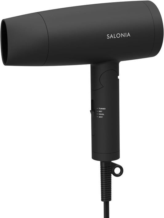 SALONIA Speedy Ion Hair Dryer, Black, Large Air Flow, Quick Drying, Negative Ions, Lightweight, Foldable