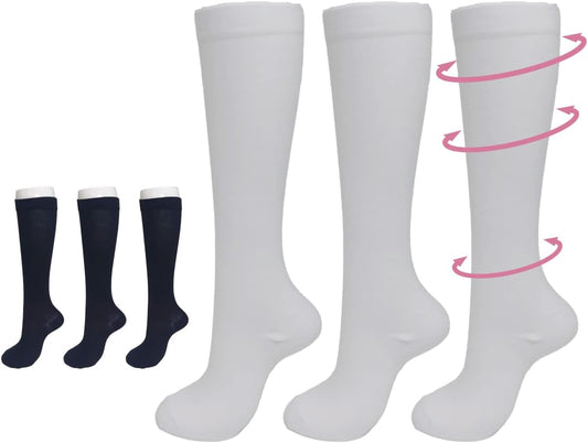 Compression High Socks, Set of 3, Graduated Compression Men's, Women's, Plus Sizes, White, Black