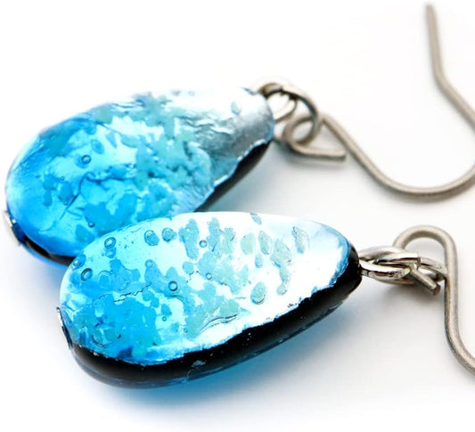 GOLD STONE Haterma Blue Firefly Glass Earrings, Tear-shaped, Drop Titanium, For Both Ears, Dragonfly Ball, Okinawa