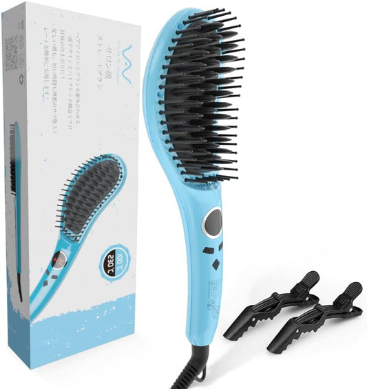 Hair Iron, Straightening Brush, Heat Brush, Brush Iron, Prevents Burns, Negative Ions, Suppresses Hair, Overseas Compatible, Rapid Heating Up to 666F (230C) (Blue)