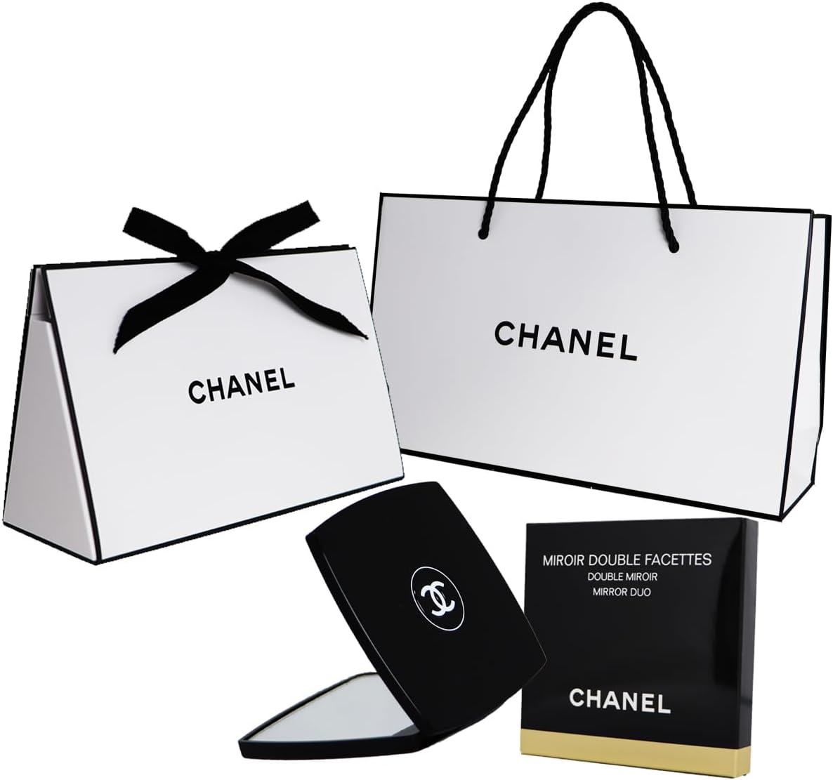 Set Item Gift Wrapped, CHANEL Domestic Authentic Double Compact Mirror, MIROIR DOUBLE FACETTES MIROIR DOUBLE FACETTES Facet, Includes Chanel Shop Bag