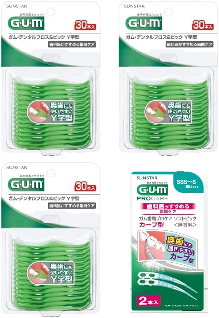 GUM Dental Floss   Pick Y-Shaped Toothpicks with Thread, Interdental Care, Pack of 30 x 3 + Bonus