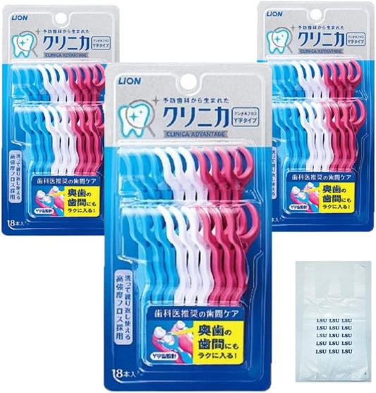 Set of 3 + Plastic Bags Clinica Advantage Floss Y-Shaped Type, Pack of 18 x 3 Sets