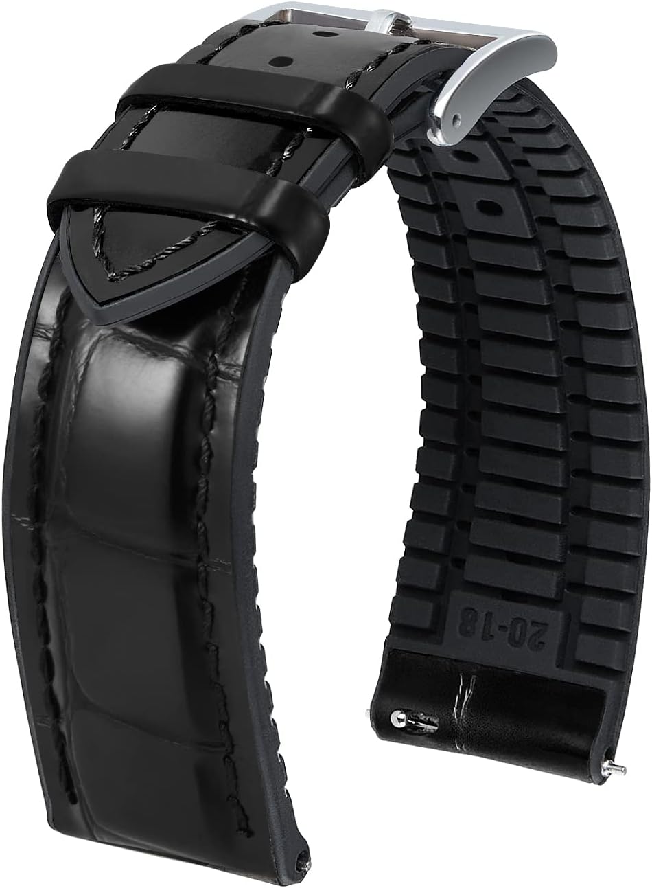 BINLUN Leather Watch Band, Quick Release Leather Watch Band, Alligator Pattern Watch Band, Inner Silicone, Breathable, Replacement Strap, Unisex, 21mm (Black/Silver Buckle)