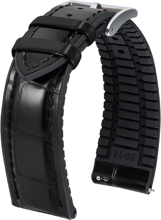 BINLUN Leather Watch Band, Quick Release Leather Watch Band, Alligator Pattern Watch Band, Inner Silicone, Breathable, Replacement Strap, Unisex, 21mm (Black/Silver Buckle)