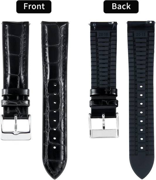 BINLUN Leather Watch Band, Quick Release Leather Watch Band, Alligator Pattern Watch Band, Inner Silicone, Breathable, Replacement Strap, Unisex, 21mm (Black/Silver Buckle)