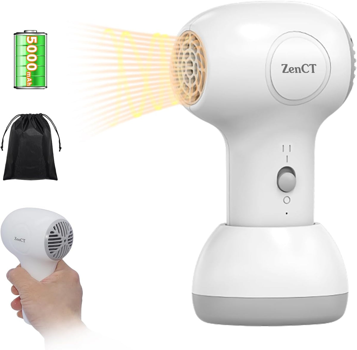 ZenCT CT215 Cordless Hair Dryer, USB Rechargeable, Small, Lightweight, Constant Temperature of 50C, 5,000 mAh, Hot Air, Hair Care Dryer, For Children, Skin   Hair, Overheating Prevention, Low Noise, Compact, For Home / Travel, Baby Shower, Gift