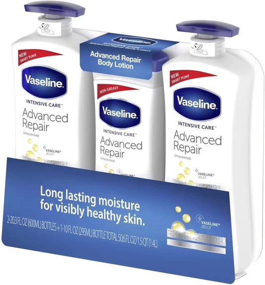 Vaseline Advanced Repair Body Lotion Set of 3 (600ml x 2, 295ml x 1)