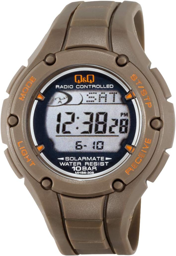 Cue   Cue MHS6-308 Men's Digital Wristwatch, Radio, Solar, Waterproof, Date Display, Urethane Band, Brown, Braun, watch