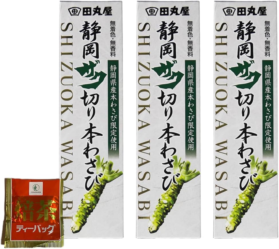 Tamaruya Shizuoka Zaku Kiri Wasabi, 1.5 oz (42 g) x 3 Piece Set + CONSAVIDA Roasted Tea Bag Set, Wasabi