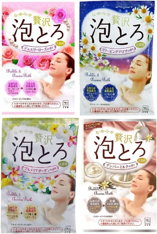 Set of 4 Types x 5 (Total of 20 Pieces) Luxury Foam Toro Bath Salt, Milk Soap Kyoshisha Hot Water Monogatari (30 g) Each Includes 2 Bags of Nighttime Bath Powder (Jewelry Rose, Sleeping Aroma, Plumeria Garden, Amber Milk Scent)