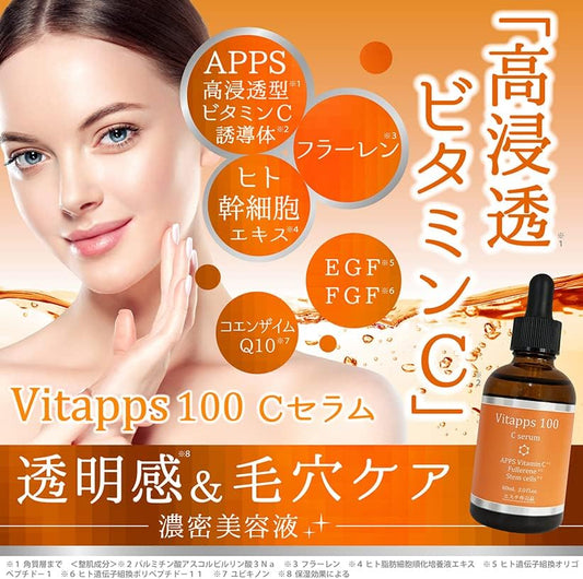 Vitapps 100C Serum, 2.4 fl oz (60 ml), Penetrating Type Vitamin C Serum, Human Stem Cell Serum, Fullerene Serum, EGF Serum, Coenzyme Q10 Serum