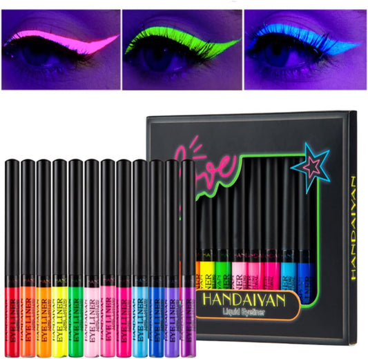 Neon Liquid Eyeliner Set 12 Colors UV Glow Matte Eyeliner Waterproof   Stain Resistant Long Lasting Colorful Fluorescent Body Face Paint Makeup Daily Wear Halloween Christmas