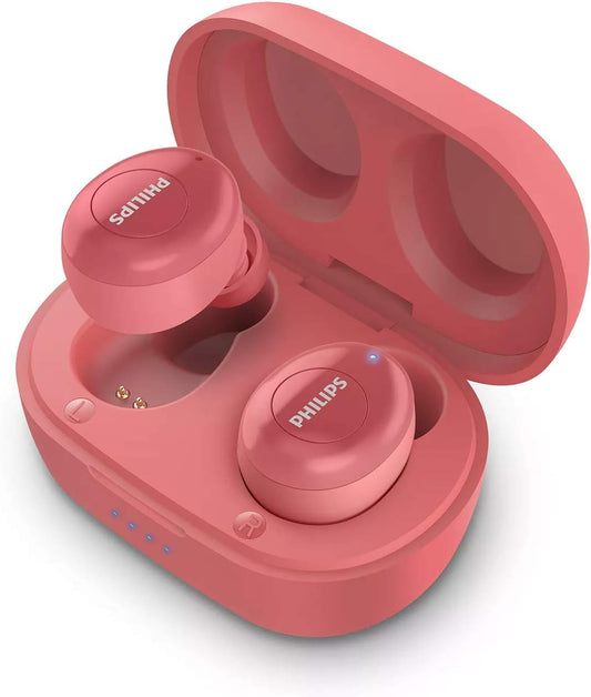 Philips TAT2205 Fully Wireless Earphones, Bluetooth 5.1, Charging Case Included, Built-in Microphone, IPX4 Waterproof, Fast Charging (Red)