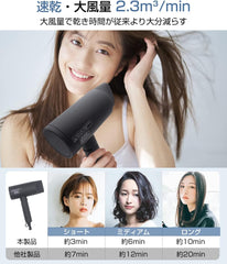 Hairdryer, Speedy Minion, Large Airflow, Quick Drying, Includes Nozzle, Stylish, Japanese Design, Foldable, Lightweight, Cold and Hot Air, For Home and Travel, 1 Year Warranty (Black)