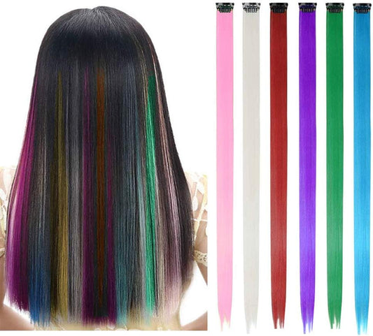 Color Extensions, 6 Colors, Set of 12, Extensions, Color, One-touch Easy to Wear, Clip Type, Long, Heat Resistant, Hair Extension, 21.7 inches (55 cm), Iron, Dryer, Usable