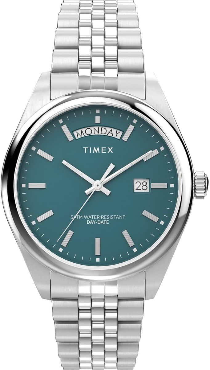 Timex Men's Legacy Day and Date Watch TW2V68000 Blue Dial Stainless Steel Quartz 41MM Watch Silver, blue, Bracelet Type