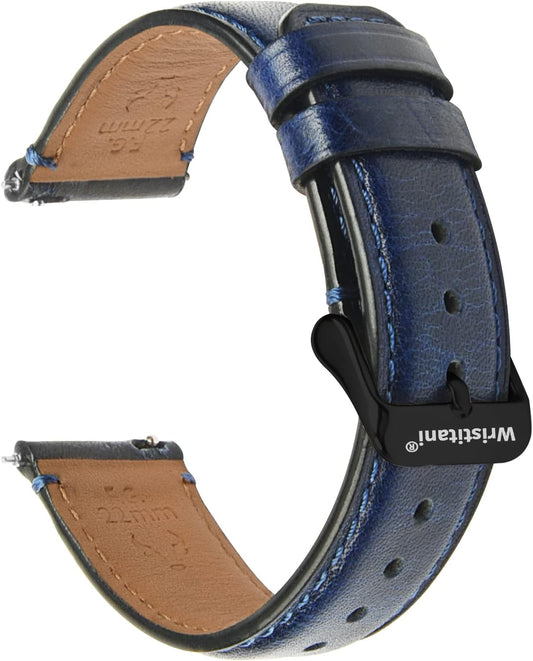 Wristitani Watch Strap, Genuine Leather Watch Band, 0.7 inch (18 mm), 0.8 inch (20 mm), 0.9 inch (22 mm), Replacement Strap, Men's, Women's, Watch Strap with Tools, Dark Blue + Black Buckle, 0.7 inch (18 mm)