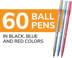 BIC Round Stic Xtra Life Ball Pen, Medium Point (Black, Blue  amp; Red, 60 Count)