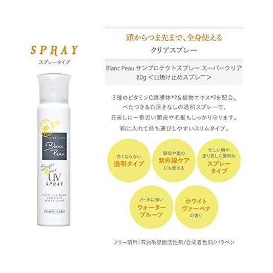 Blanc Peau Sun Protect Spray Super Clear SPF50+/PA++++ Sunscreen White Vervena Fragrance Transparent 80g