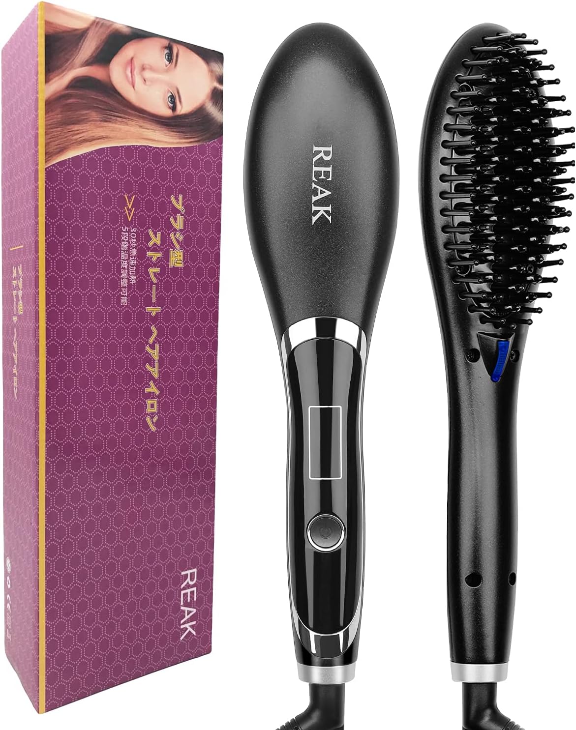 REAK Straight Heat Brush, Straightening Brush, Electric Heated Hair Brush, Hair Iron, 5 Step Temperature Adjustment, Hair Brush, Scalp Care, Burns Prevention, Anti-Static, Rapid Heating, Anti-Scratch, Glossy Hair, Overseas Compatible