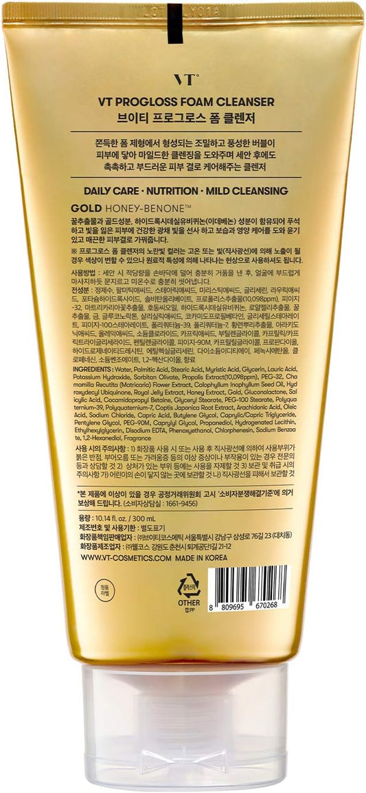 Facial Cleansing Foam Korean VT Cosmetics Progloss Foam Cleanser, 10.1 fl oz (300 ml), Honey Formulated Facial Moisturizing Cleansing, VT COSMETICS