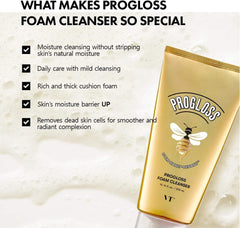 Facial Cleansing Foam Korean VT Cosmetics Progloss Foam Cleanser, 10.1 fl oz (300 ml), Honey Formulated Facial Moisturizing Cleansing, VT COSMETICS