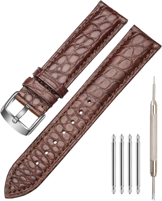 SEURE Genuine Leather Band, Alligator Leather and Cowhide Leather, Watch Strap, 0.71, 0.79, 0.83, 0.83, 0.97 inches (18, 19, 20, 21, 22 mm) Crocodile, Watch Strap, Replacement Strap, Waterproof, Sweat Proof, Unisex