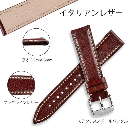 Genuine Leather Watch Strap 0.7 inches (18 mm), 0.8 inches (20 mm), 0.9 inches (22 mm), Italian Calf Leather Watch Replacement Band, Casual Style