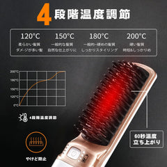 Straightening Brush, Cordless, Electric Hot Comb, Hair Styling Tool, Women's Straight Hair Comb, USB Rechargeable, Time-Saving Easy, Straight, 4 Levels, Temperature Adjustment, Up to 402F (200C), No Bulk, Carrying Pouch Included