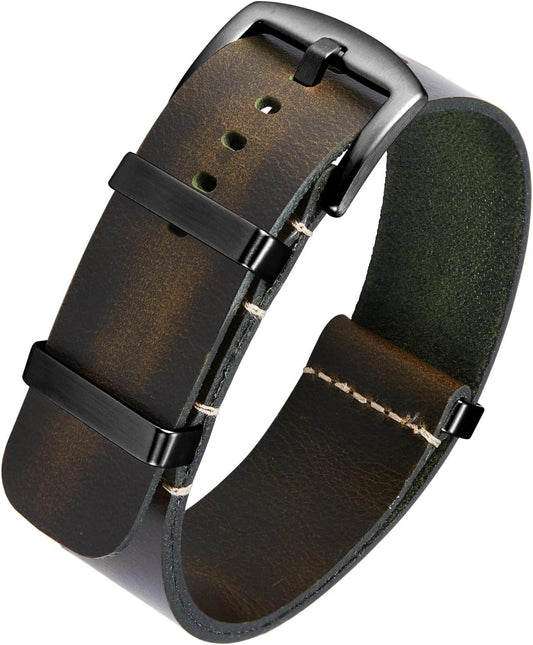 Leather Watch Band, Crazy Horse Oil Leather Watch Strap, 18mm, 19mm, 20mm, 21mm, 22mm, 24mm, Replacement One Piece Leather Watch Strap for Men and Women, 12 Colors Silver/Black Buckle