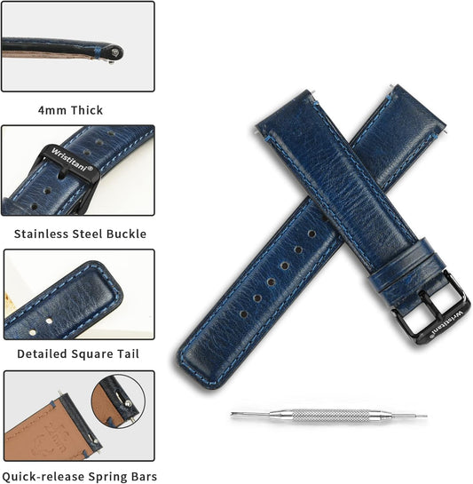 Wristitani Watch Strap, Genuine Leather Watch Band, 0.7 inch (18 mm), 0.8 inch (20 mm), 0.9 inch (22 mm), Replacement Strap, Men's, Women's, Watch Strap with Tools, Dark Blue + Black Buckle, 0.7 inch (18 mm)