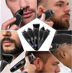 Low Voice Electric Trimmer with Lcd Digital Display 5 in 1 Electric Clipper 5 Cutter Head Shaver Usb Charging Waterproof Nose Hair Beard Shaver Haircut Grooming Tool Kit for Men and Children