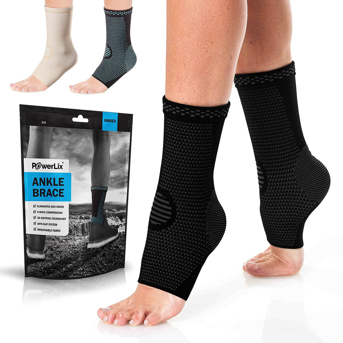 PowerLix Ankle Supporter, Compression Socks, For Sports, Thin, Breathable, Standing Work, Unisex, Housework, Mountain Climbing, Injury Prevention, Anti-Slip, Washable, Hygienic, Antibacterial, Deodorizing Treatment - Pack of 2 (Black M)