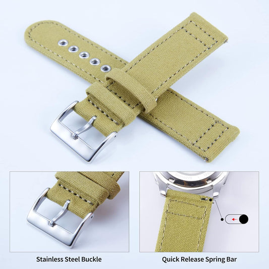 Watch Band, Canvas, Quick Release, Fabric Watch Band, 0.7 inch (18 mm), 0.8 inch (20 mm), 0.9 inch (22 mm), 0.9 inch (24 mm), Replacement Strap, Breathable, Smart Watch Belt, Unisex, 7 Colors, Silver/Black Buckle Included