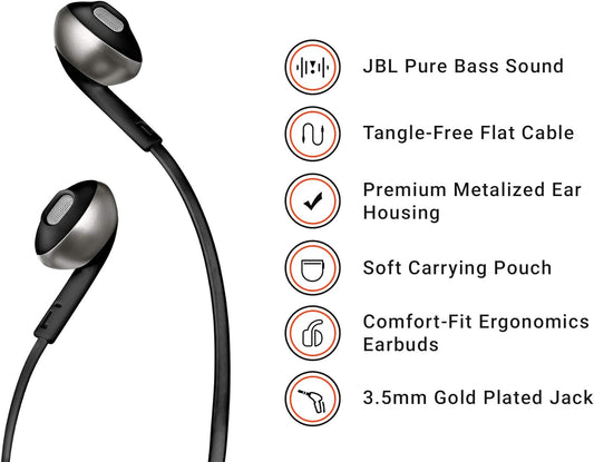 JBL T205 Wired Earphone Microphone Included (Black)