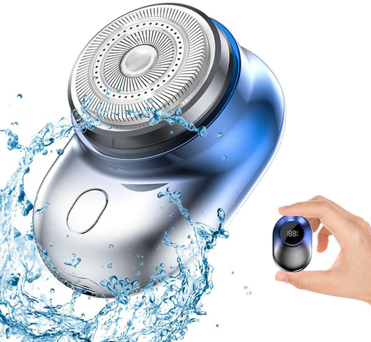 Gogotool Mini Shaver Small Electric Shaver with 6 Stainless Steel Blades, Deep Shaving, IPX7 Waterproof, 8500 rpm Motor, Portable Shaver for Men, Type-C Rapid Charging, LED Display, Ideal for Travel, Office, Car, Blue and White