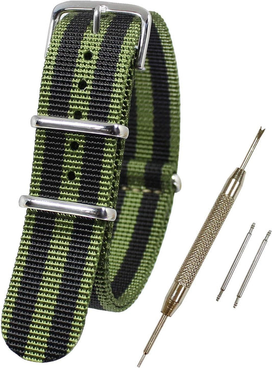 NATO-Type Watch Band, Replacement Band, 0.7 inches (18 mm), 0.8 inches (20 mm), 0.9 inches (22 mm), Watch Strap, Nato Strap, Includes Spring Bar Remover, 2 Spring Bars, and Replacement Manual (English Language not Guaranteed)